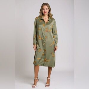 Olive Green Leopard/ Cheetah Print Button Down Midi Dress